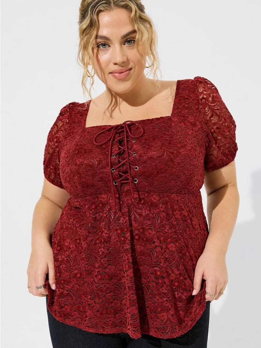NWOT Torrid Red Chenille Lace Up Square Neckline Babydoll Blouse Size 4 (4X)